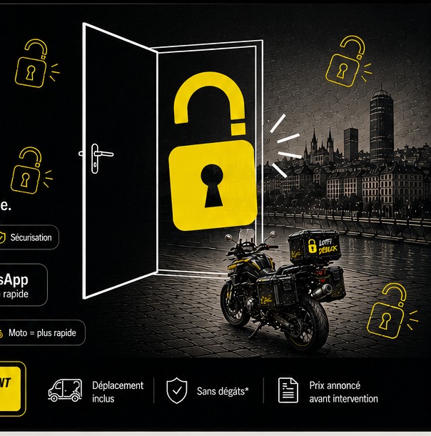 Illustration Lotfi Déblok, porte ouverte, cadenas et moto de dépannage à Lyon